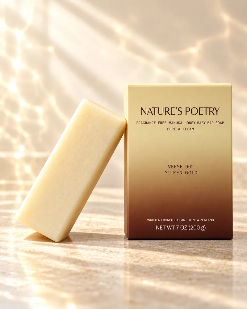 A golden bar of Silken Gold leaning on its gold-to-brown carton, with sunlight rippling across the wall.