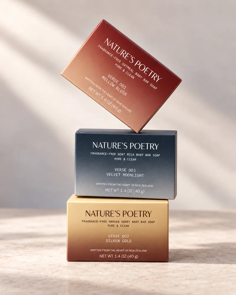 The three Nature's Poetry cartons stacked: Mellow Blush in maroon, Velvet Moonlight in navy and Silken Gold in gold, each 1.4 oz.