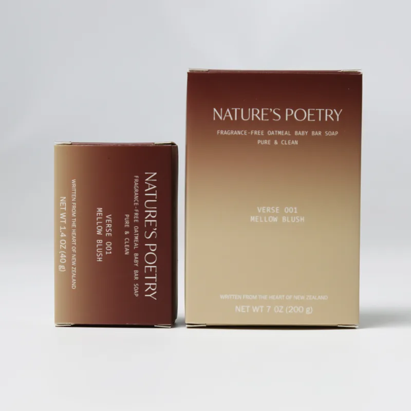 Mellow Blush cartons in both sizes: the 1.4 oz (40 g) bar and the 7 oz (200 g) bar.
