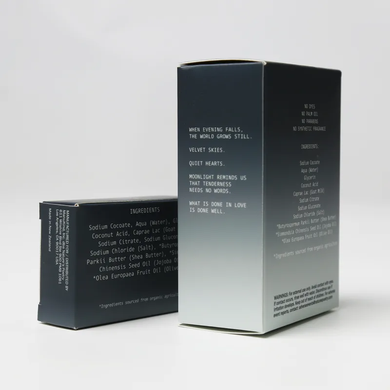 The side panel of the Velvet Moonlight carton, printed with its poem in typewriter capitals.